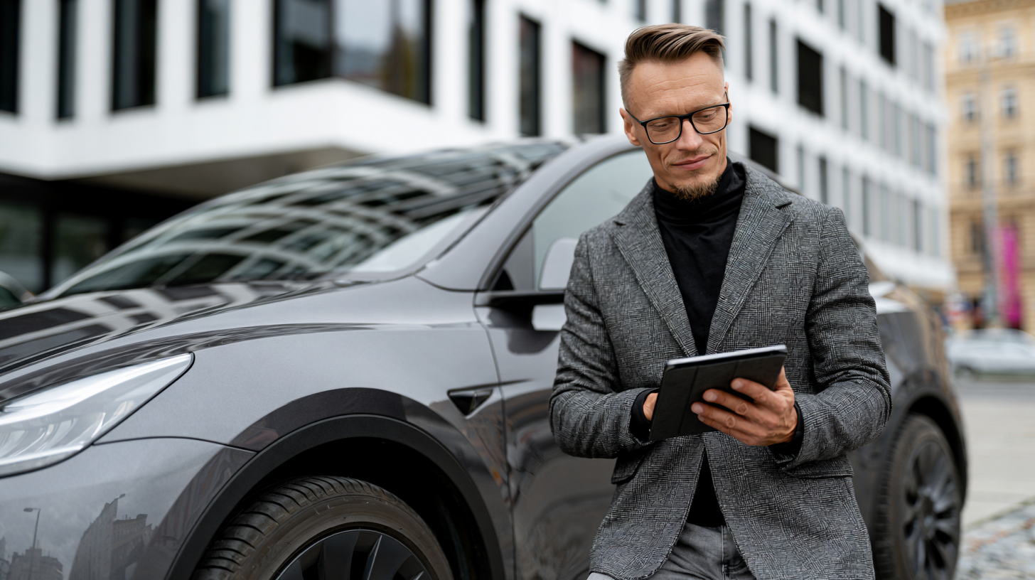 Unternehmer informiert sich auf dem Tablet über E-Auto-Leasing für Firmen in Österreich