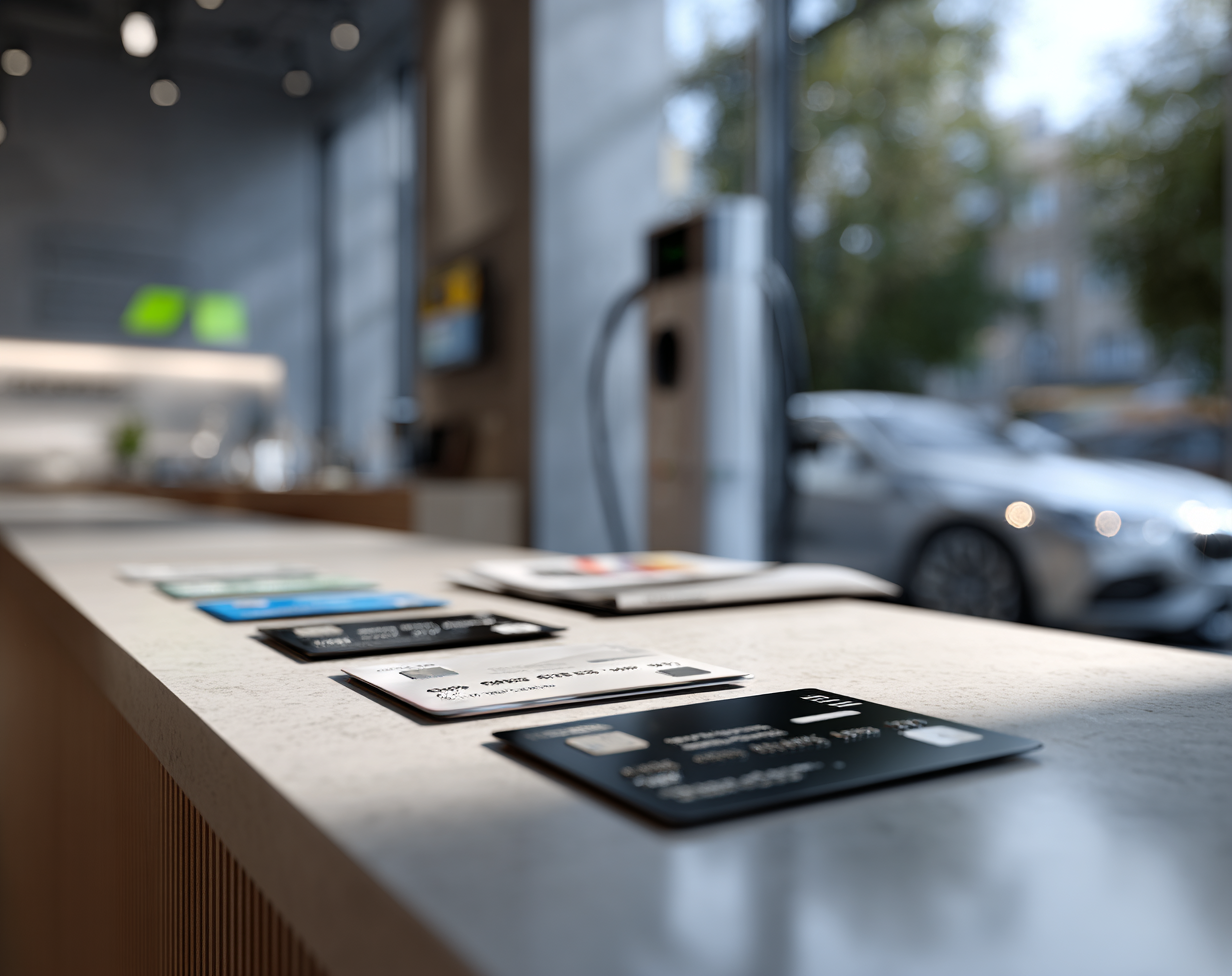 Mehrere Ladekarten für E-Autos auf einem Tisch