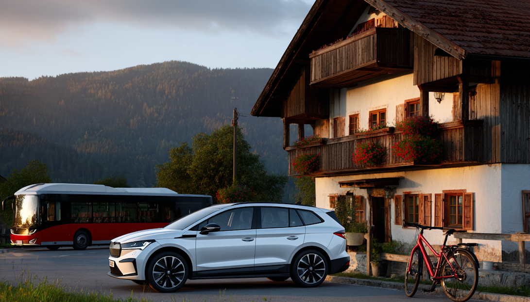 E-Auto, E-Bus und E-Fahrrad vor einem Haus