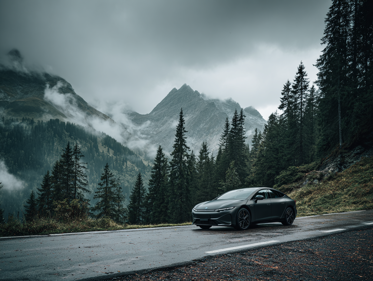 E-Auto auf einer Straße in den Bergen