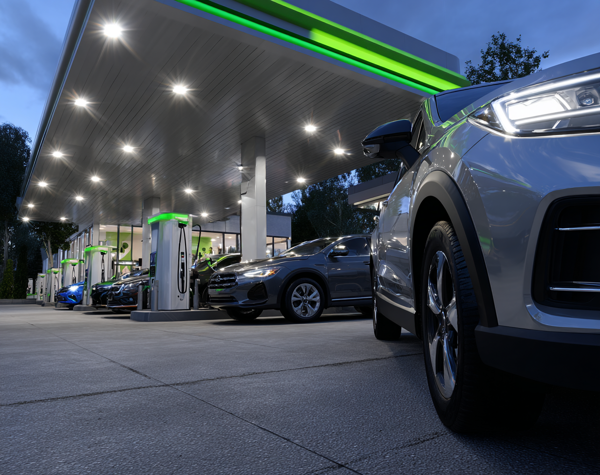 Mehrere E-Autos an Ladesäulen zu verschieden Ladetarifen