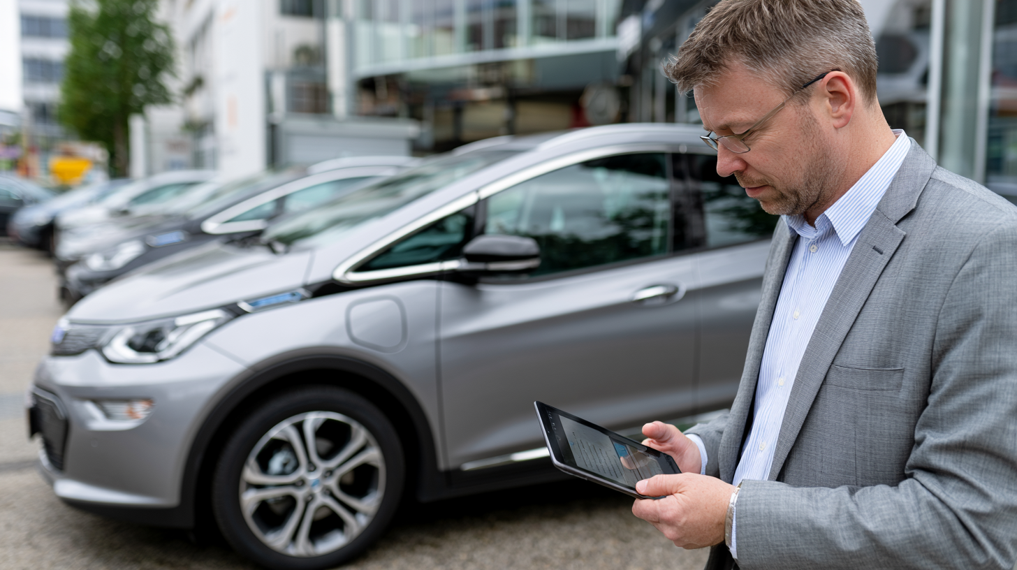 Mann prüft E-Auto-Förderung für Gebrauchtwagen auf dem Tablet vor Reihe gebrauchter Elektrofahrzeuge