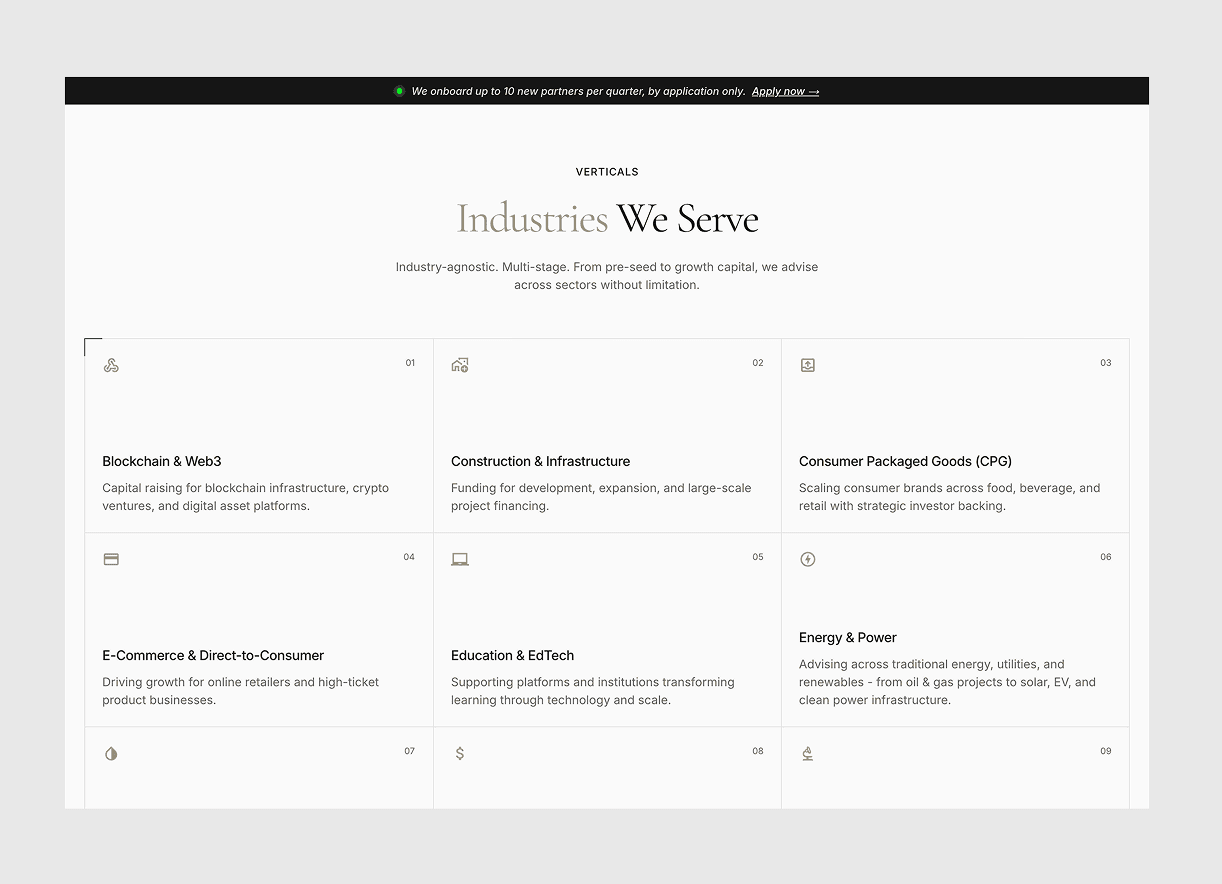 Redesigned Farah Capital website, screen 2