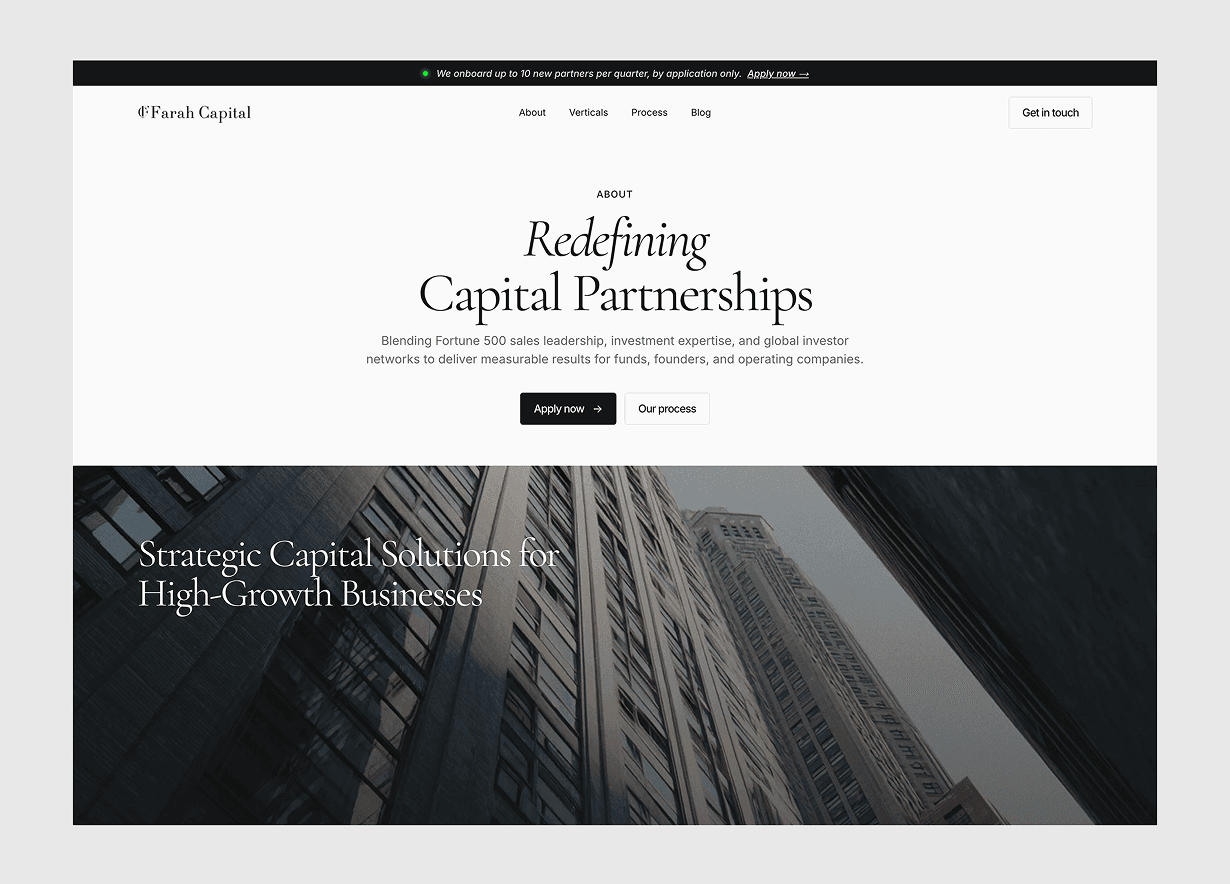 Redesigned Farah Capital website, screen 4