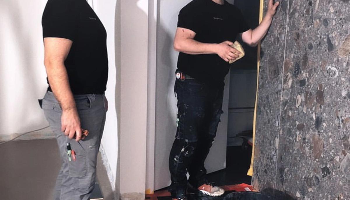 Social-Media-Story: zwei Männer im Flur, Text „Heute zu Besuch bei" und „Super Team, beeindruckende und hochwertige Arbeit".