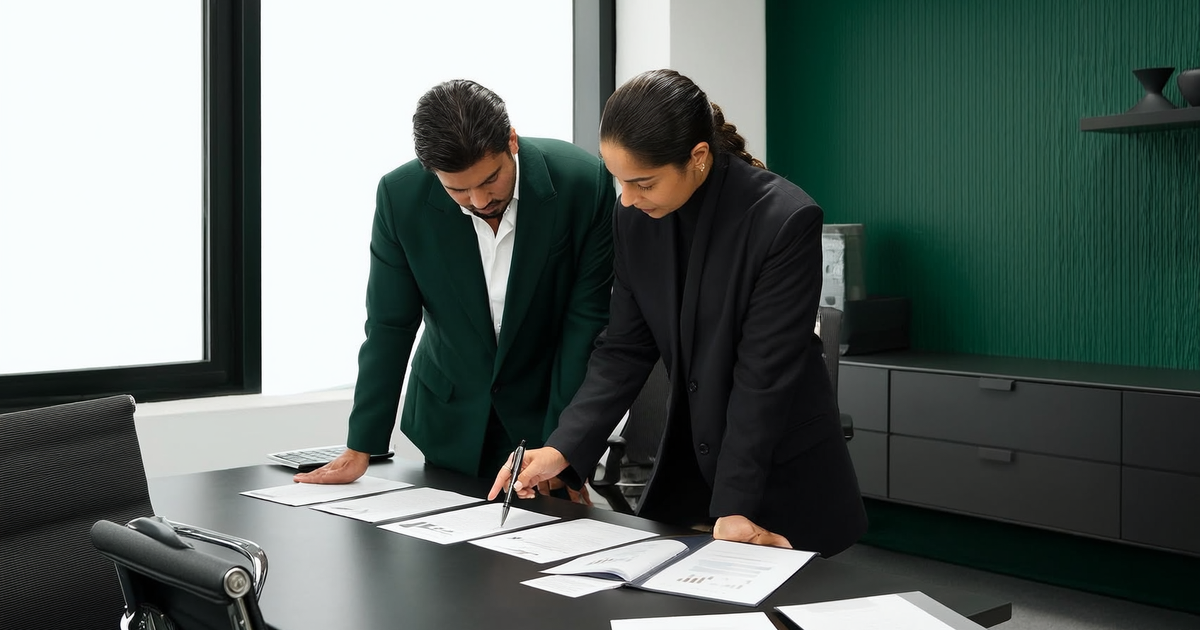 Dos personas de negocios en una oficina moderna revisando documentos impresos sobre un escritorio, una de ellas señalando con pluma una hoja, iluminación natural de día