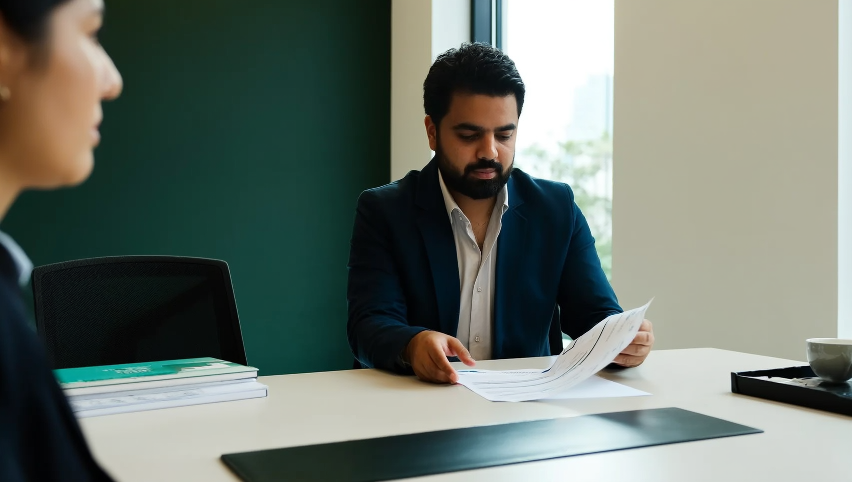 Vendedor mexicano entregando una propuesta impresa a un cliente en una sala de reuniones moderna con luz natural