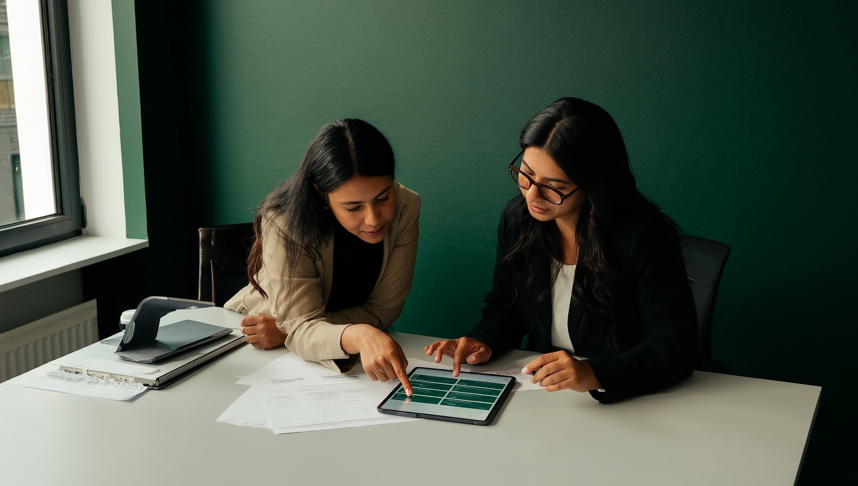 Dos personas en una oficina moderna revisando juntas una propuesta comercial sobre un escritorio, una de ellas señalando un punto específico del documento con luz natural de ventana