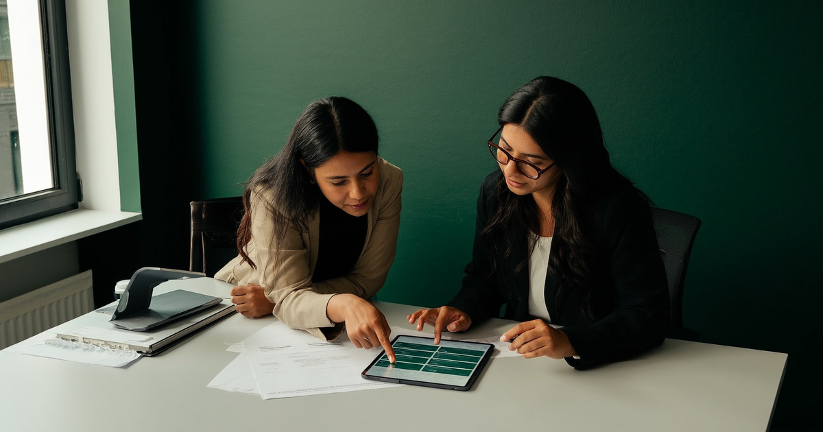 Dos personas en una oficina moderna revisando juntas una propuesta comercial sobre un escritorio, una de ellas señalando un punto específico del documento con luz natural de ventana