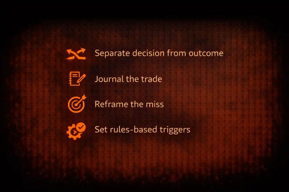 Visual checklist of four strategies for managing trading regret including separating decisions from outcomes, journaling, reframing, and rules-based triggers