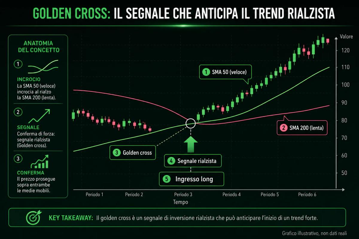Grafico editoriale che illustra il golden cross: incrocio rialzista tra SMA 50 e SMA 200 con annotazioni di segnale di ingres