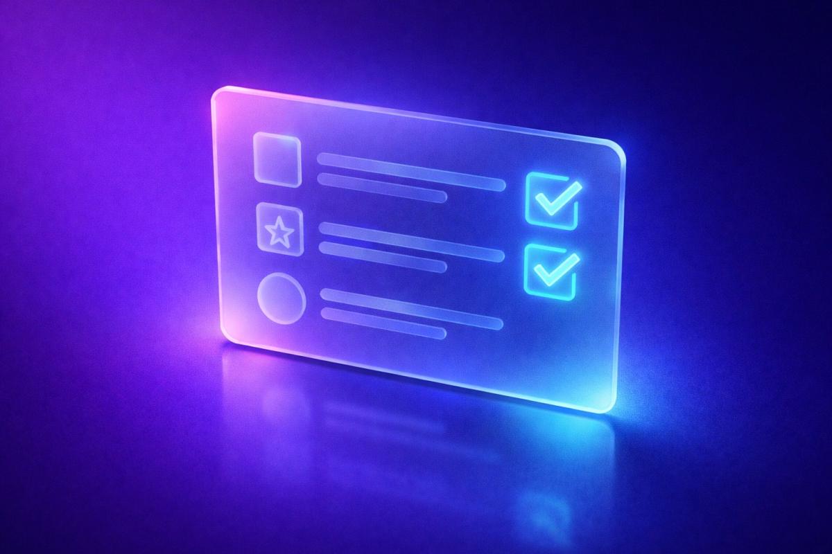 Panel de vidrio translúcido tipo checklist con ítems verificados en cian, fondo degradado púrpura