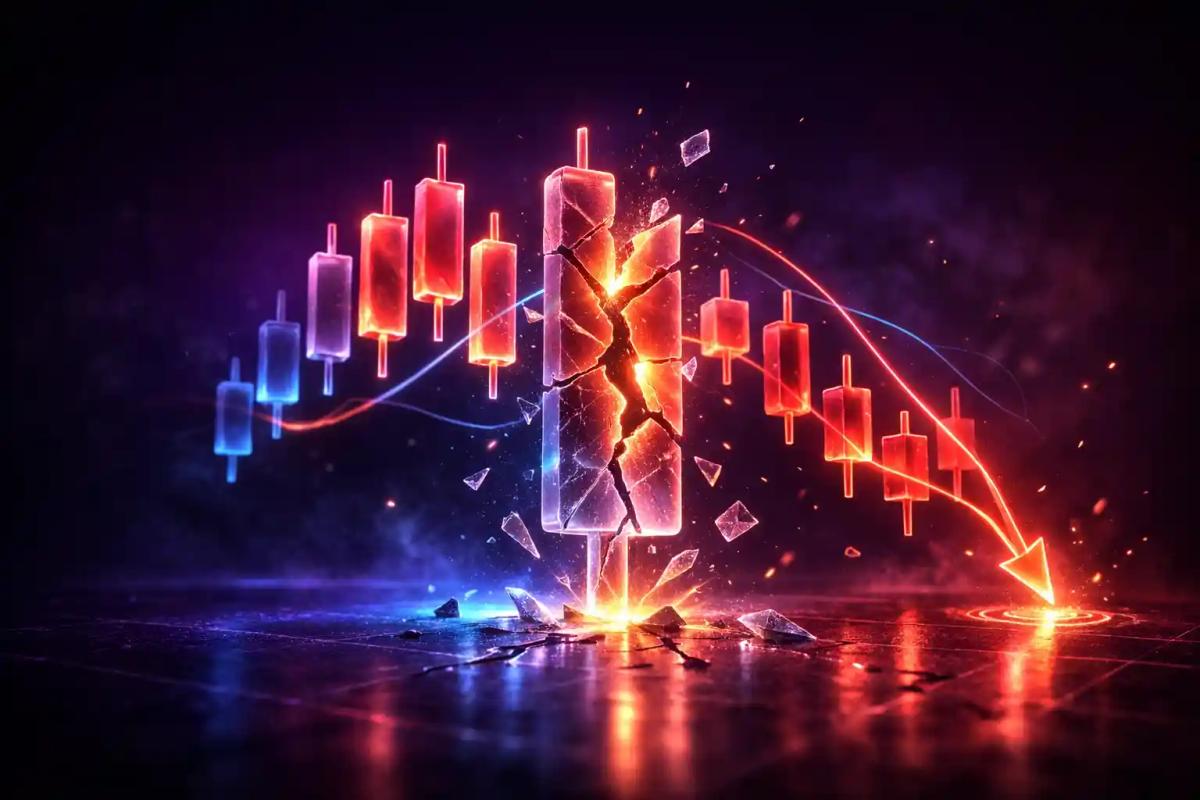 Gráfico de velas 3D fracturado en tonos rojos y anaranjados translúcidos, representando señales de burnout en trading