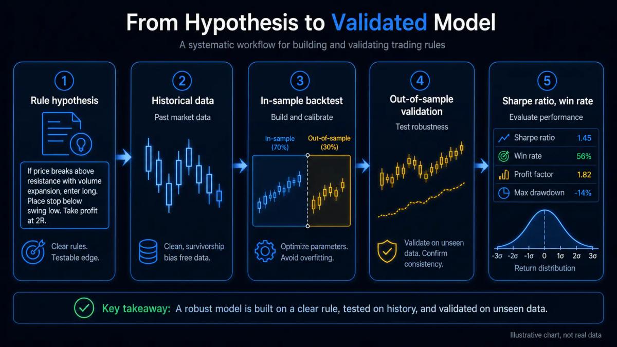 Flowchart showing hypothesis, historical data, backtesting, and validation steps in a quantitative trading workflow