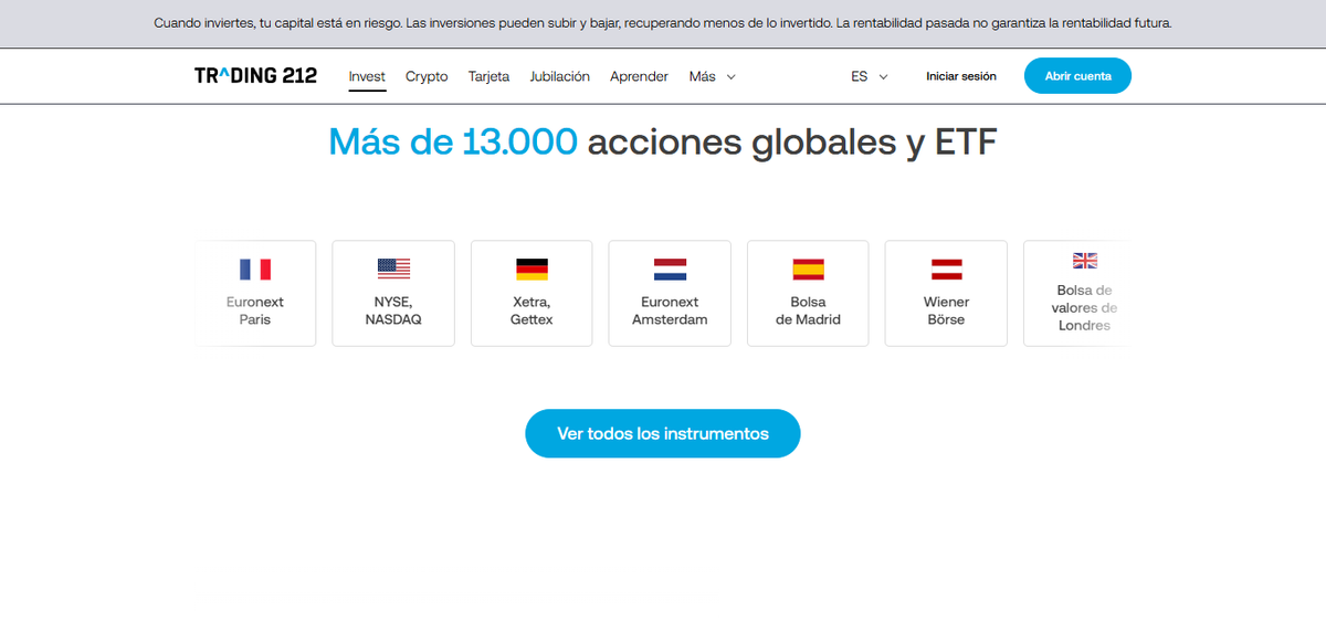 Listado de instrumentos en Trading 212 con filtros para acciones, ETF, divisas e índices