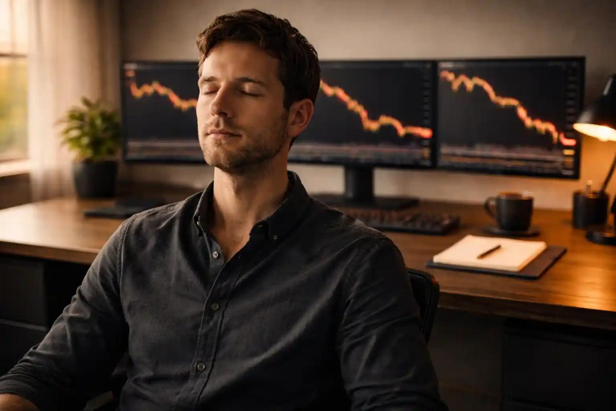 Trader practicing visualization with eyes closed at an organized trading desk