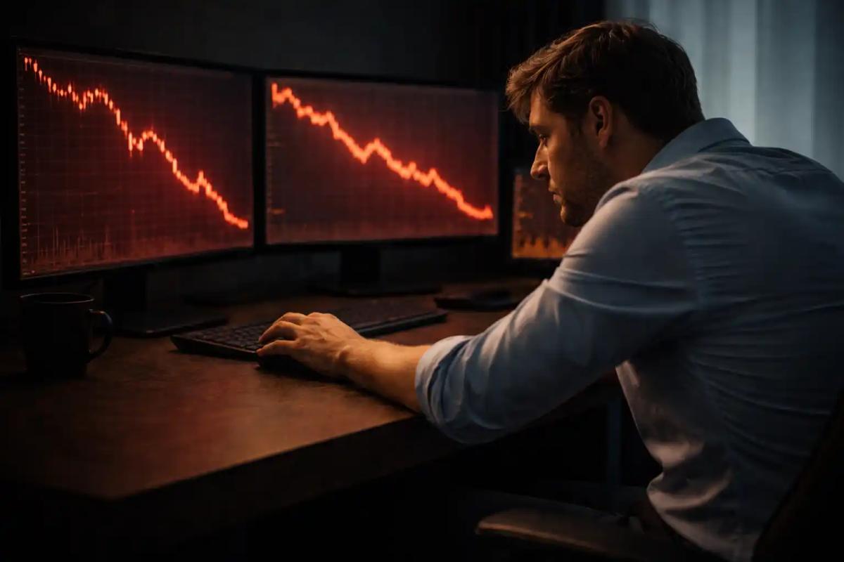 Trader hesitating at desk with declining charts, showing emotional conflict in trading decisions