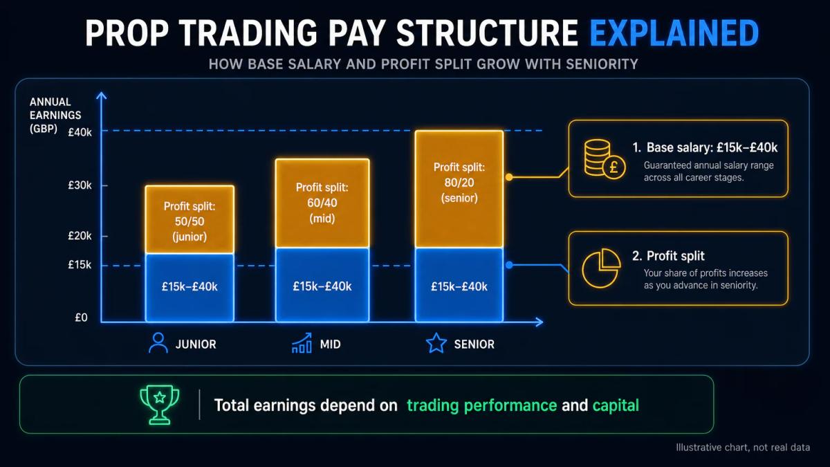 Compensation breakdown showing base salary range and profit-split percentages as stacked bars