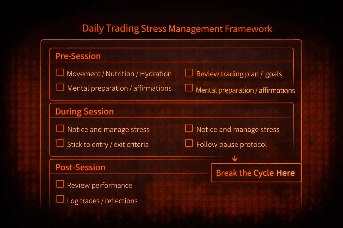 Daily trading stress management framework template with pre-session during-session and post-session checkpoints