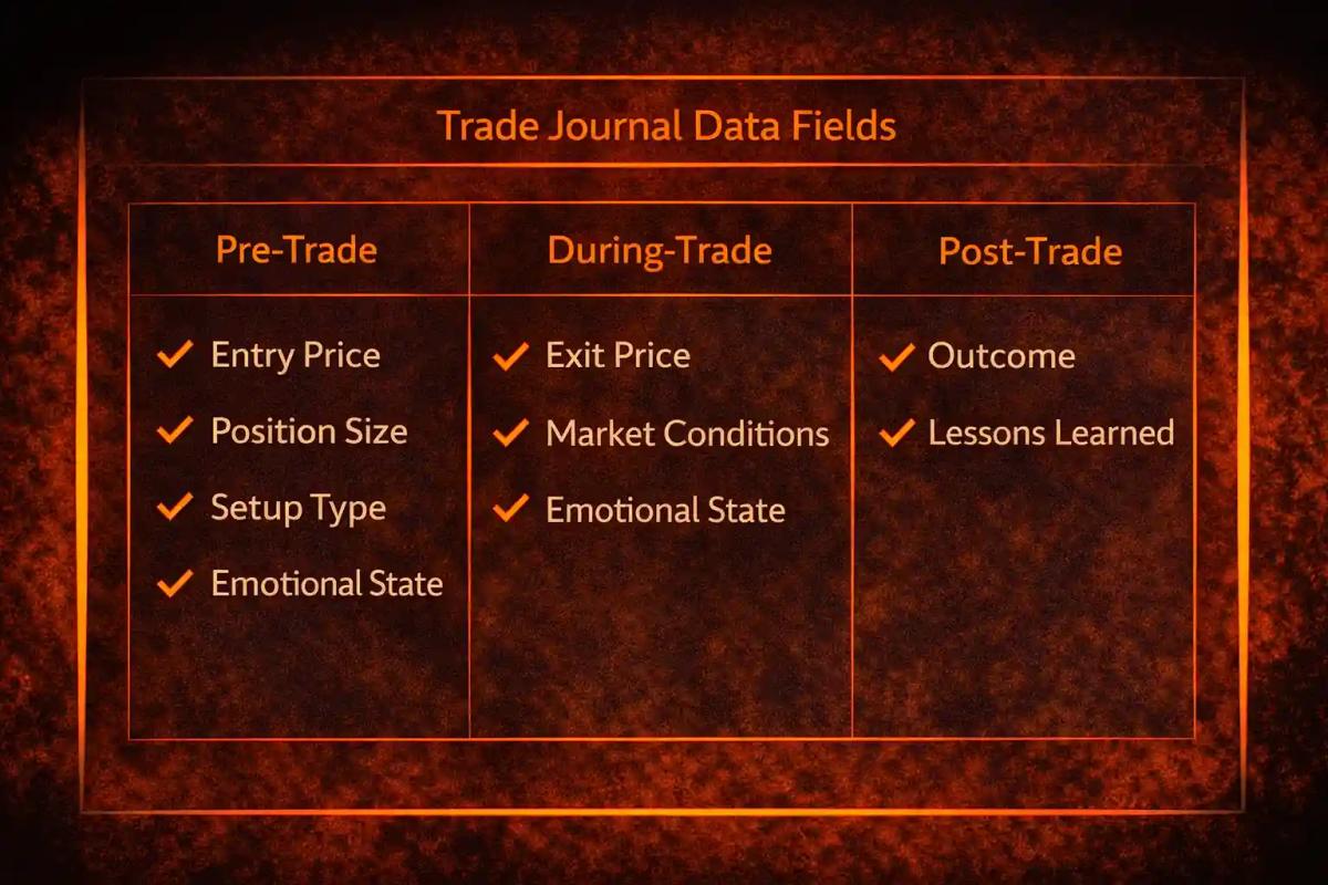 Trade journal data fields organized into pre-trade, during-trade, and post-trade categories