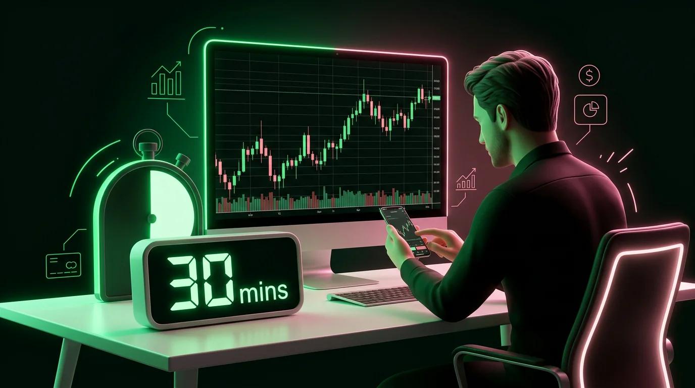 Trader che controlla il telefono al mattino con un grafico di prezzo sullo sfondo e un timer che segna 30 minuti