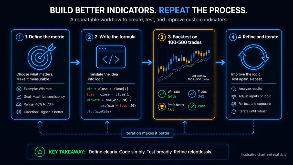 Four-step workflow diagram: define metric, write formula, backtest on data, refine logic