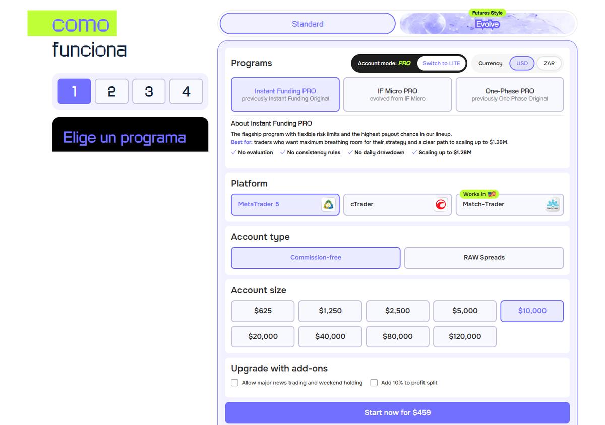 Tabla de planes Pro, Lite, Micro e IF1 con tamaños de cuenta y precios visibles