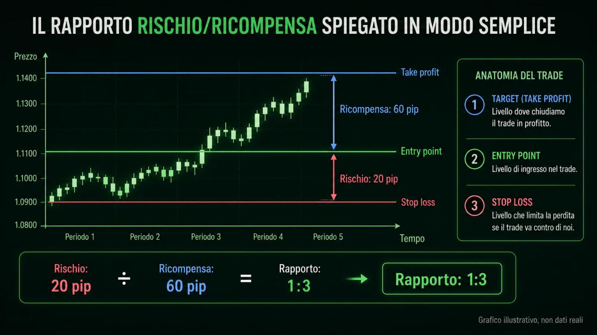 Grafico editoriale che mostra il calcolo del rapporto rischio-rendimento con entry, stop loss e take profit annotati