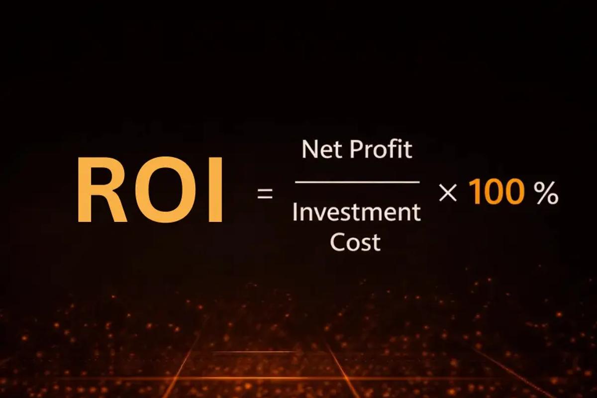 ROI formula infographic showing Net Profit divided by Investment Cost times 100 equals ROI percentage v2