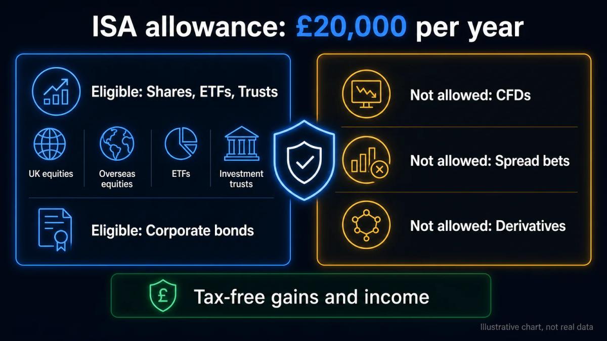 ISA annual allowance of £20,000 with eligible and ineligible investment types