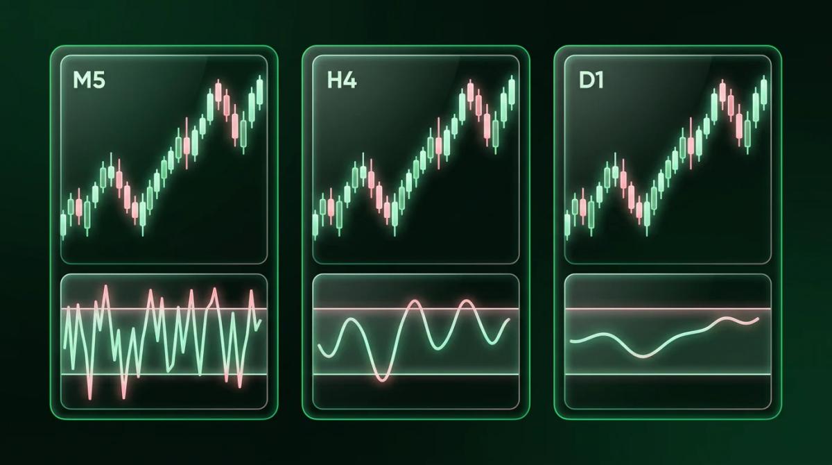 Tre oscillatori RSI con periodi diversi su timeframe M5, H4 e D1, mostrando reattività vs stabilità (Esempio illustrativo · dati sintetici, non prezzi reali)