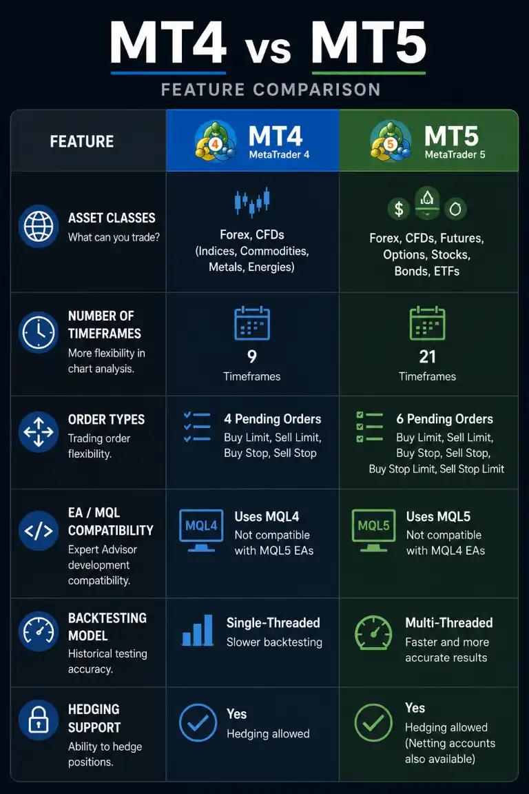 MT4 vs MT5 feature comparison table covering order types timeframes and EA compatibility