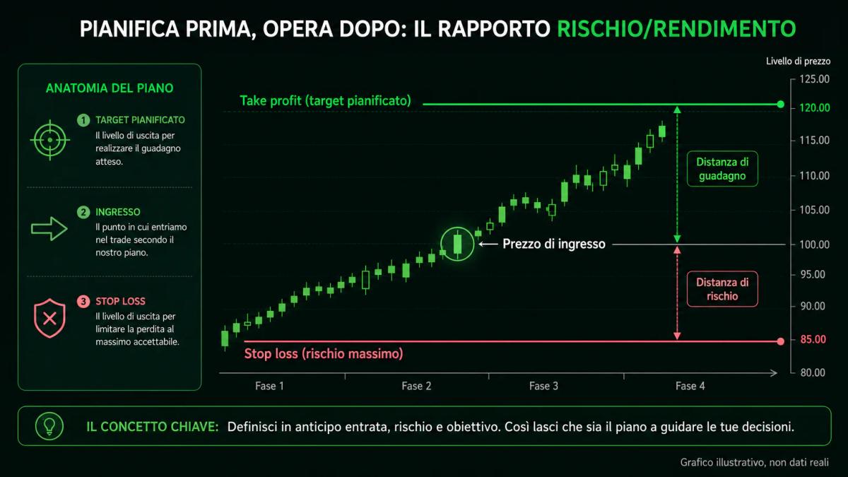 Grafico editoriale che mostra stop loss e take profit su una posizione di acquisto