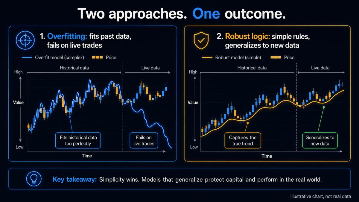 Two-panel comparison showing overfitted indicator failing on new data versus robust simple logic succeeding