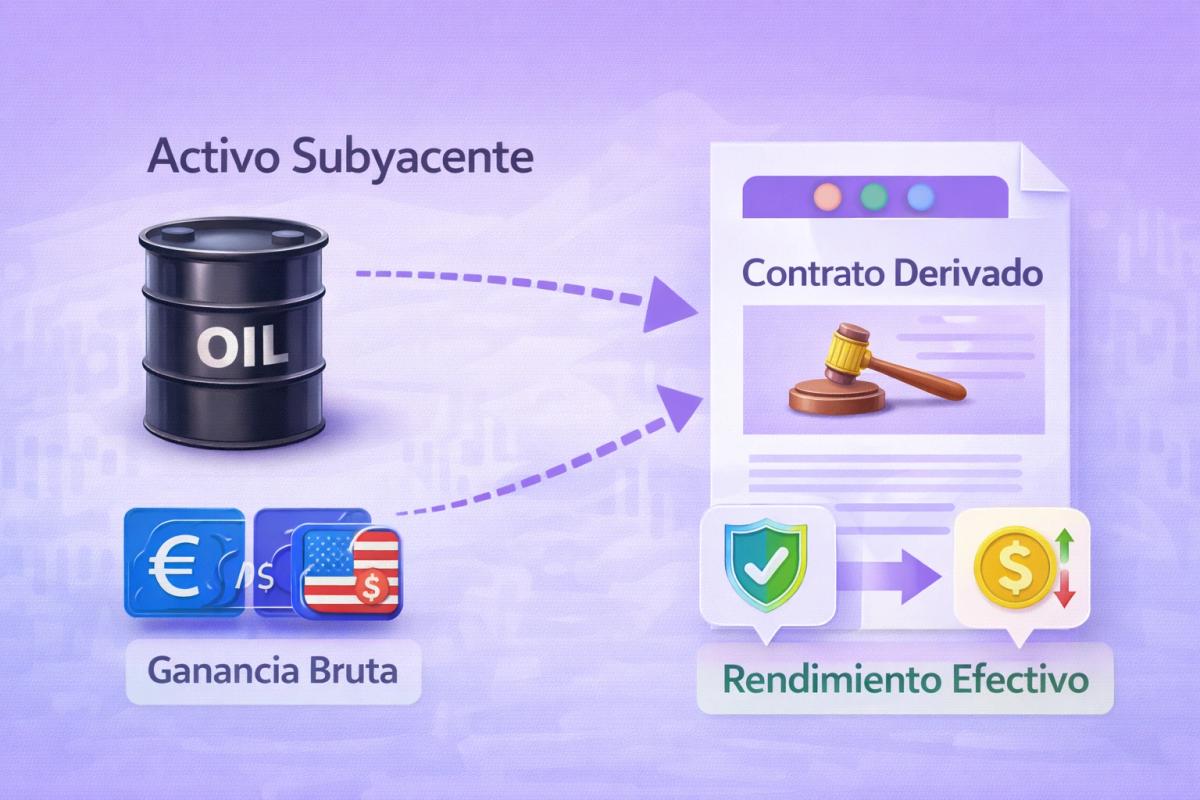 Diagrama conceptual que muestra la relación entre un activo subyacente (barril de petróleo o par de divisas) y un contrato derivado que se desprende de él, con flechas o conexiones visuales