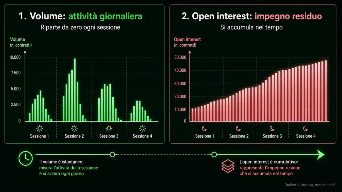 Infografica che contrappone volume giornaliero e open interest accumulato con due colonne di dati