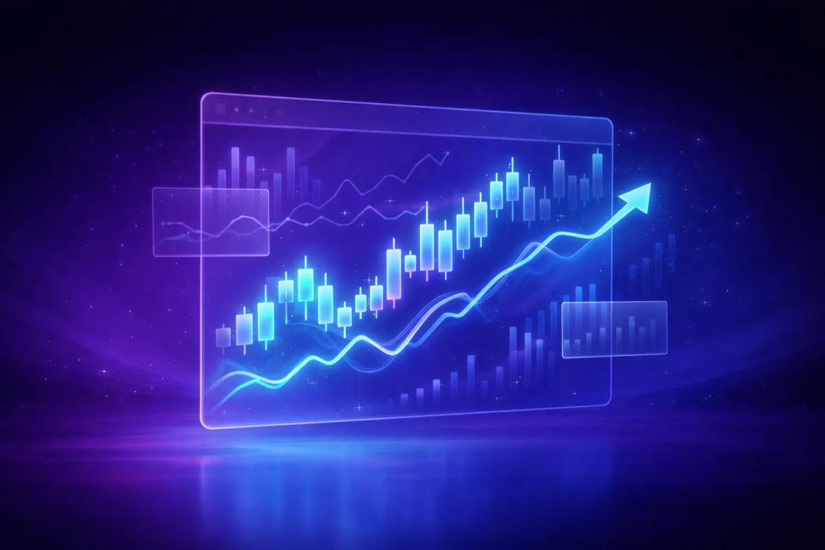 Panel de trading 3D con indicadores seleccionados visualmente, algunos brillantes y otros atenuados, representando el análisis sesgado