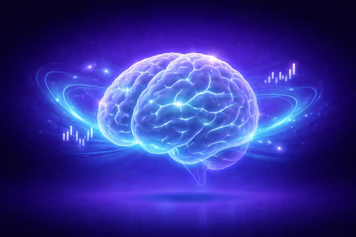 Cerebro translúcido 3D con ondas de energía cian, fondo degradado púrpura a azul marino