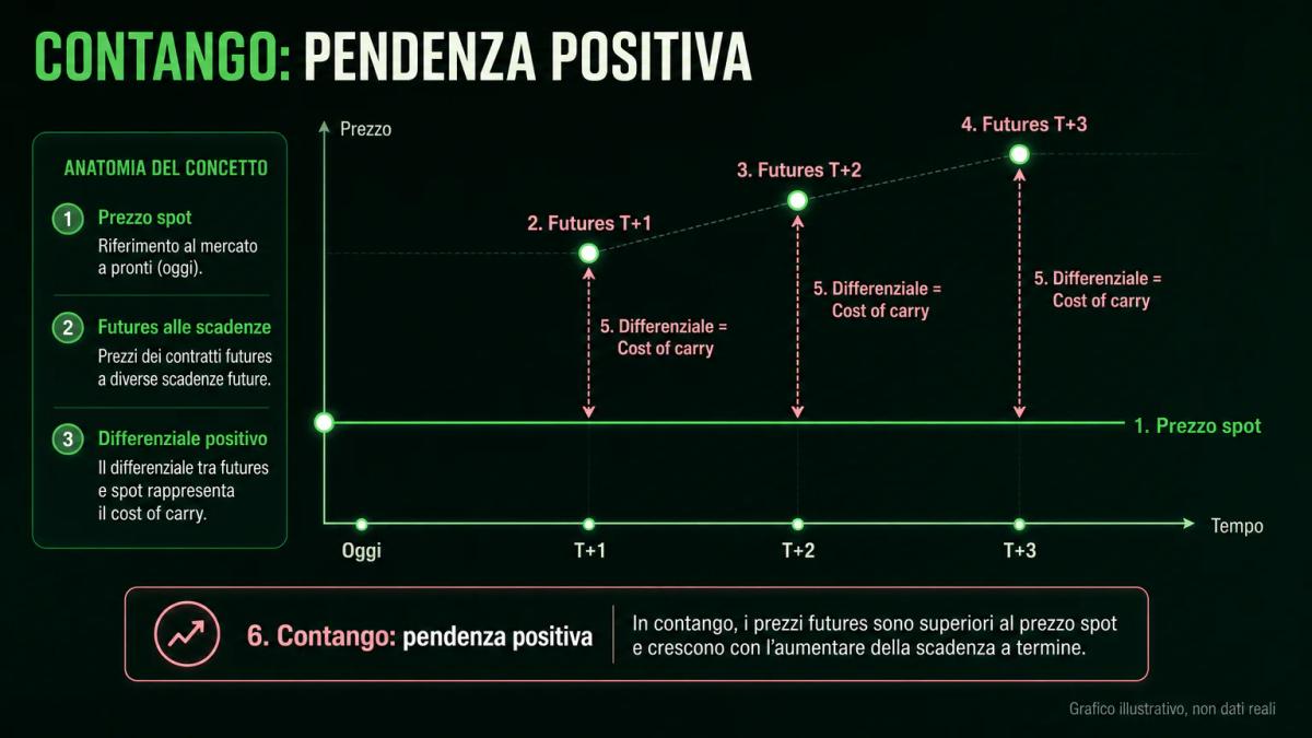 Grafico editoriale che confronta il prezzo spot e i prezzi dei futures a tre scadenze progressive, con il differenziale annot