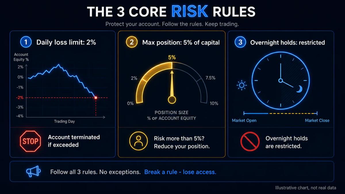Risk guardrails comparison showing daily loss limit, position size cap, and overnight holding restrictions