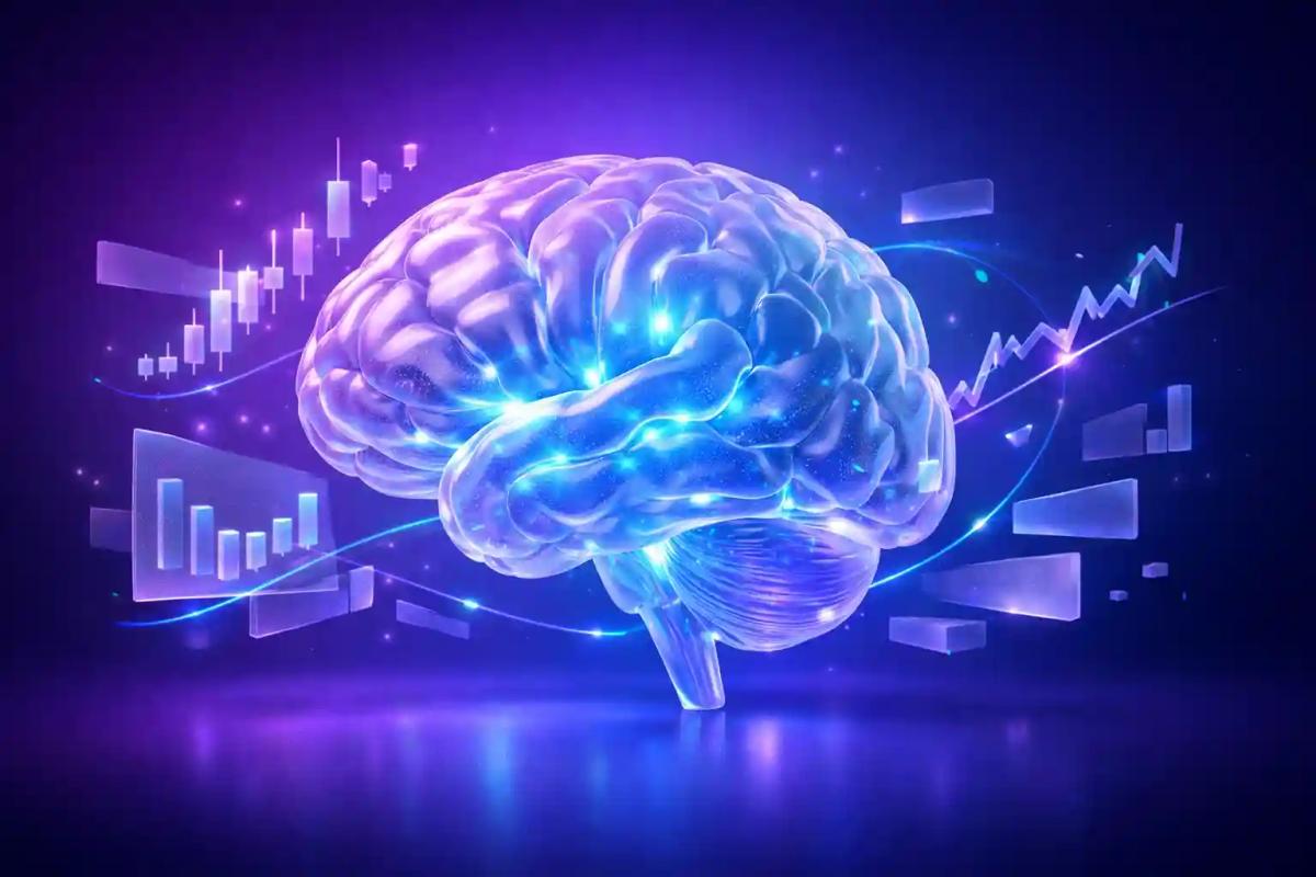 Cerebro translúcido rodeado de elementos de trading