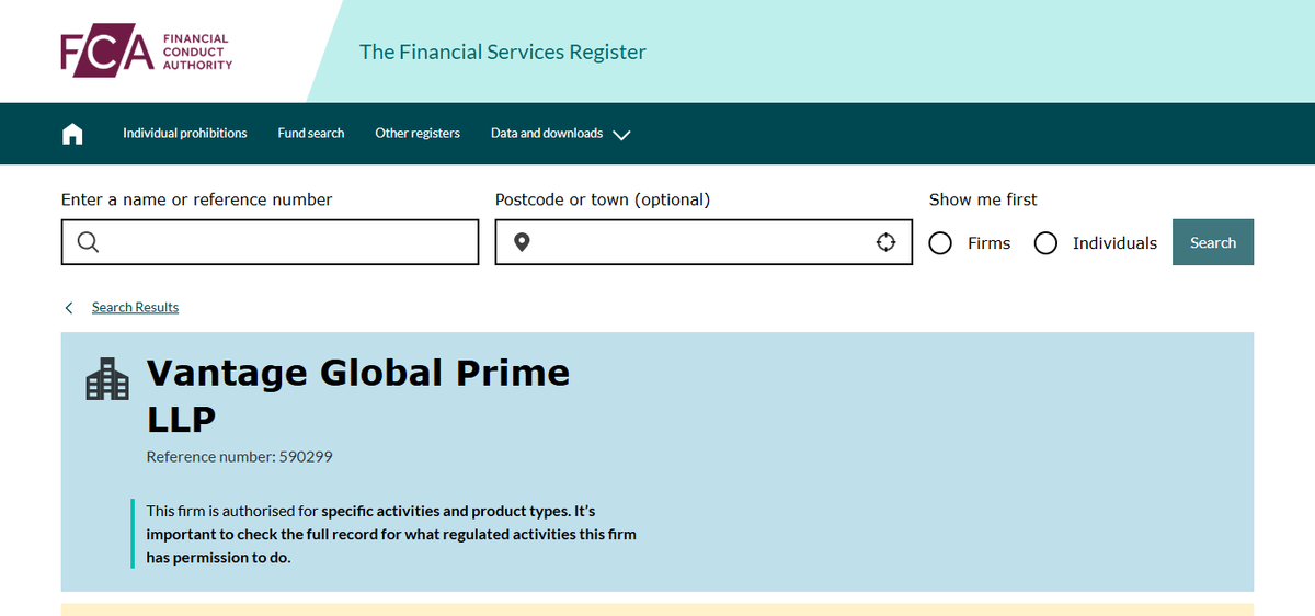 Pagina del registro FCA che mostra la licenza 590299 collegata a Vantage
