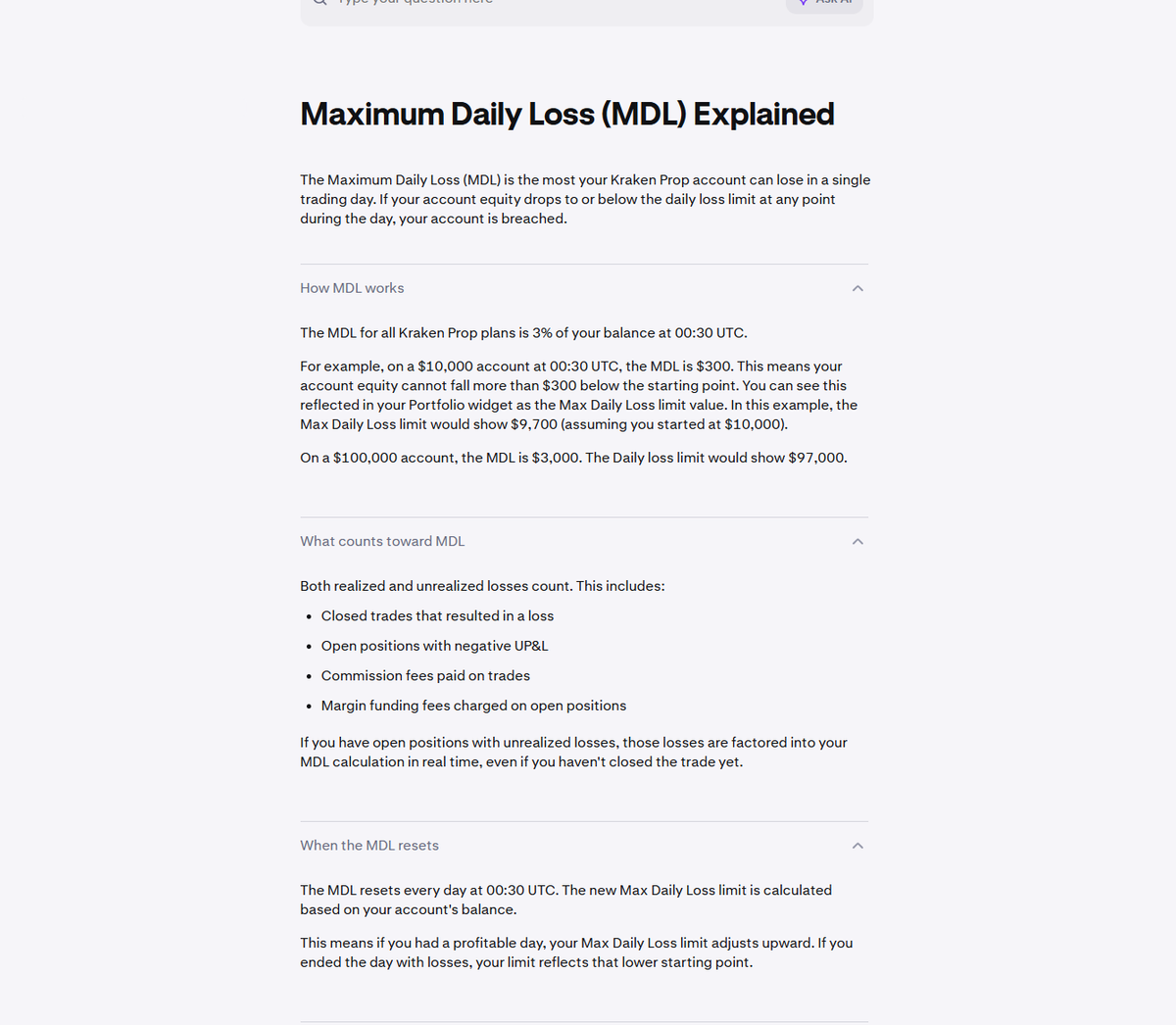 Support article detailing daily 3% loss limit at 00:30 UTC and balance-based drawdown