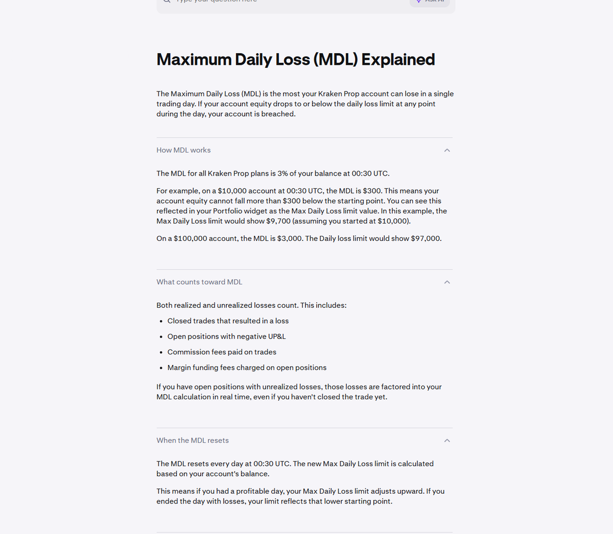 Support article detailing daily 3% loss limit at 00:30 UTC and balance-based drawdown