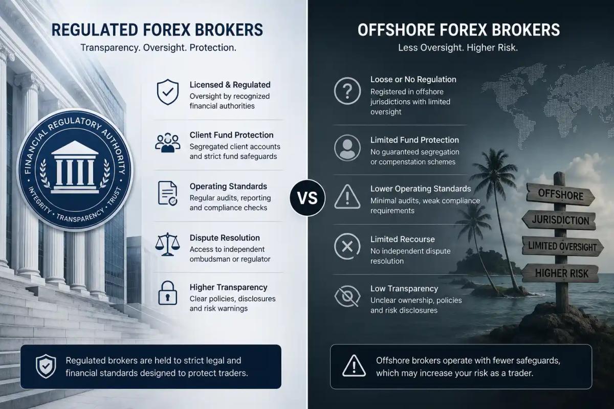 Regulated vs offshore forex brokers comparison visual showing regulatory authority contrast