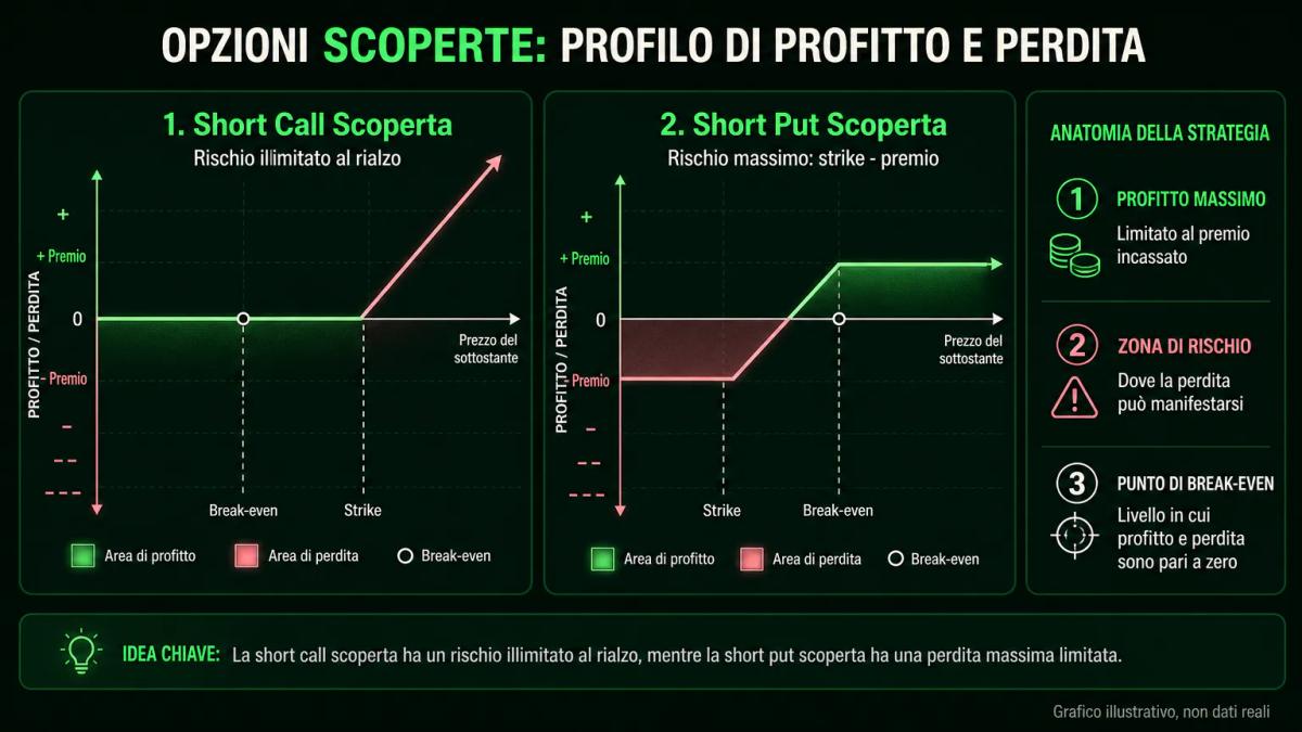 Confronto visivo tra il rischio limitato di una short put e il rischio illimitato di una short call scoperta