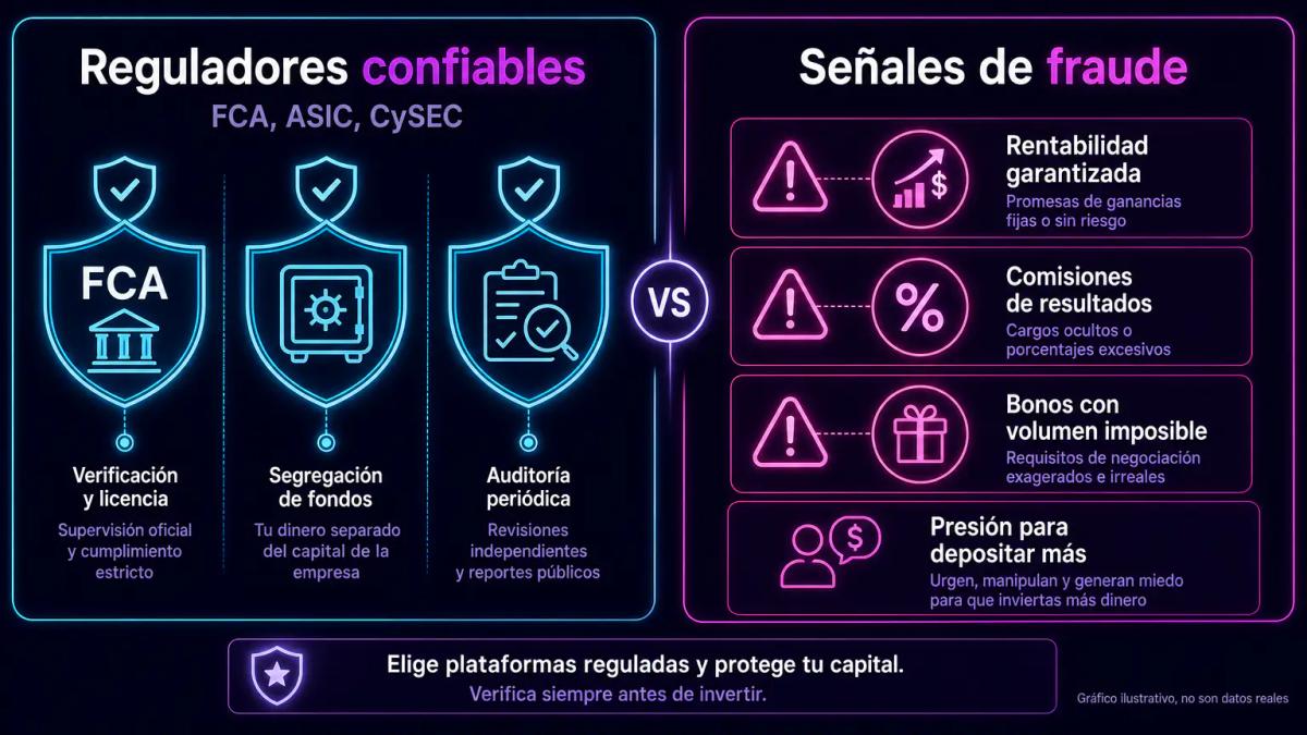 Comparación visual de tres reguladores internacionales confiables versus plataformas fraudulentas sin licencia