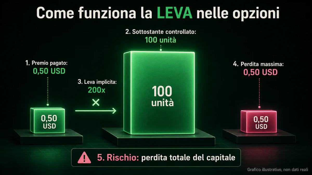 Tre blocchi di dimensioni crescenti che mostrano il rapporto tra premio pagato, sottostante controllato e perdita massima pos