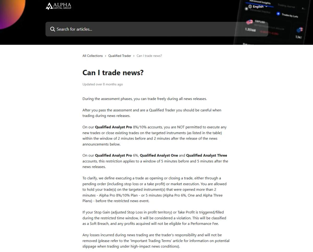 Reglas de trading Alpha Capital Group restricciones de noticias y holding fin de semana en cuenta fondeada