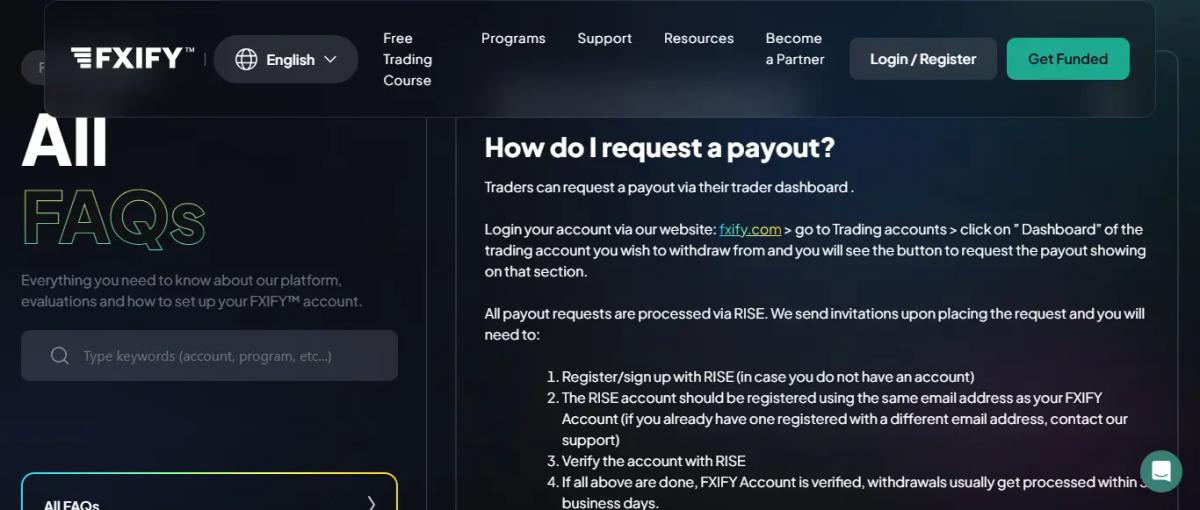 Panel de retiros del dashboard de FXIFY con métodos de pago Rise, transferencia bancaria y crypto